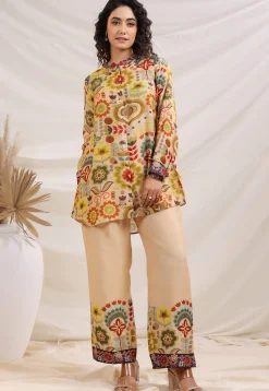 Digital Printed Linen Silk Top Set in Light Beige