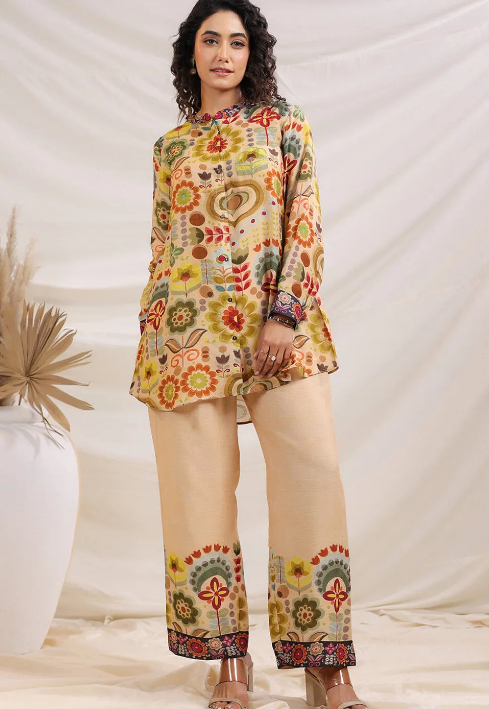 Digital Printed Linen Silk Top Set in Light Beige