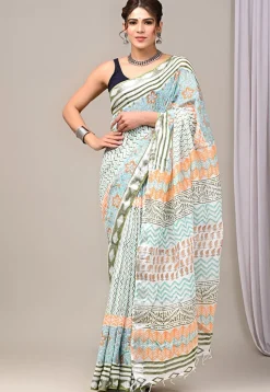 Digital Printed Linen Silk Saree in Off White