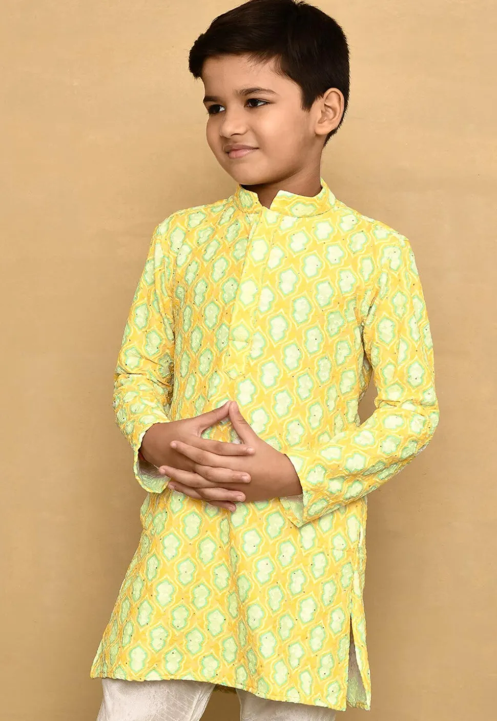 Digital Printed Lycra Kurta in Yellow