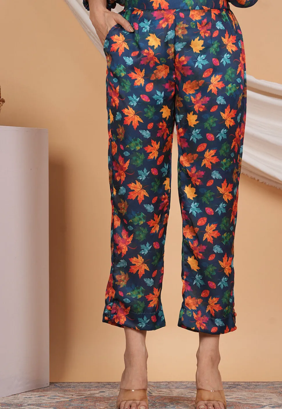 Digital Printed Modal Satin Palazzo in Navy Blue