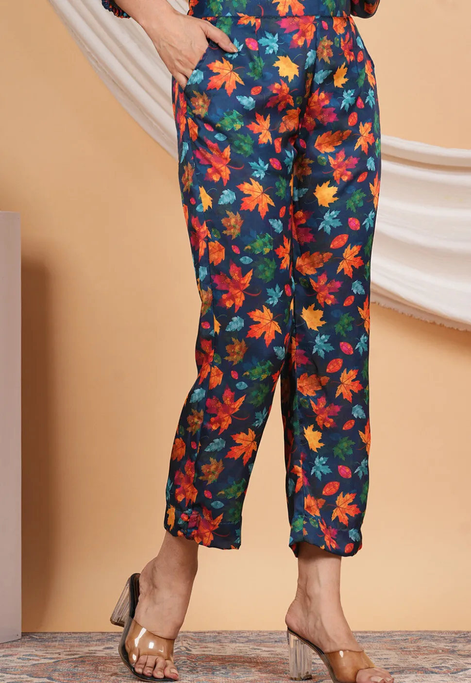 Digital Printed Modal Satin Palazzo in Navy Blue