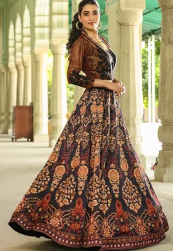 Digital Printed Modal Satin Crop Top Set in Black and Copper