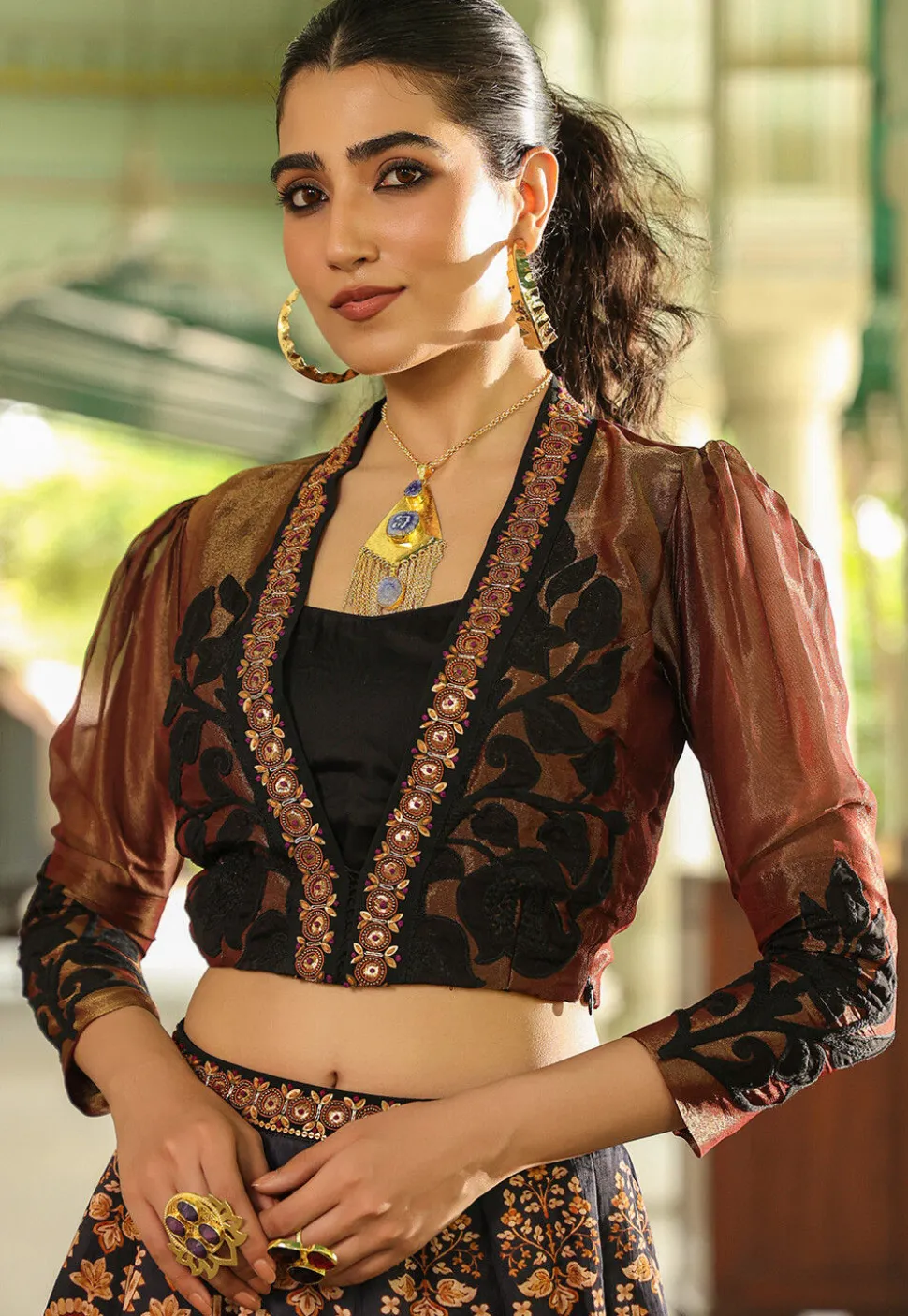 Digital Printed Modal Satin Crop Top Set in Black and Copper