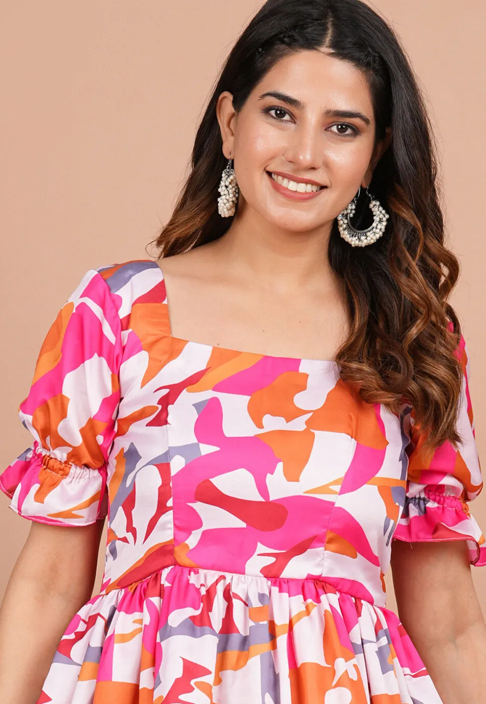 Digital Printed Modal Satin Aline Dress in Multicolor