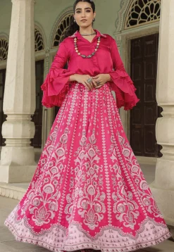 Digital Printed Modal Satin Crop Top Set in Fuchsia