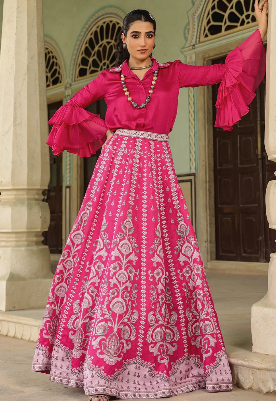 Digital Printed Modal Satin Crop Top Set in Fuchsia