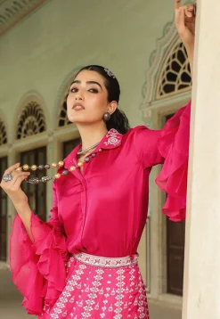 Digital Printed Modal Satin Crop Top Set in Fuchsia