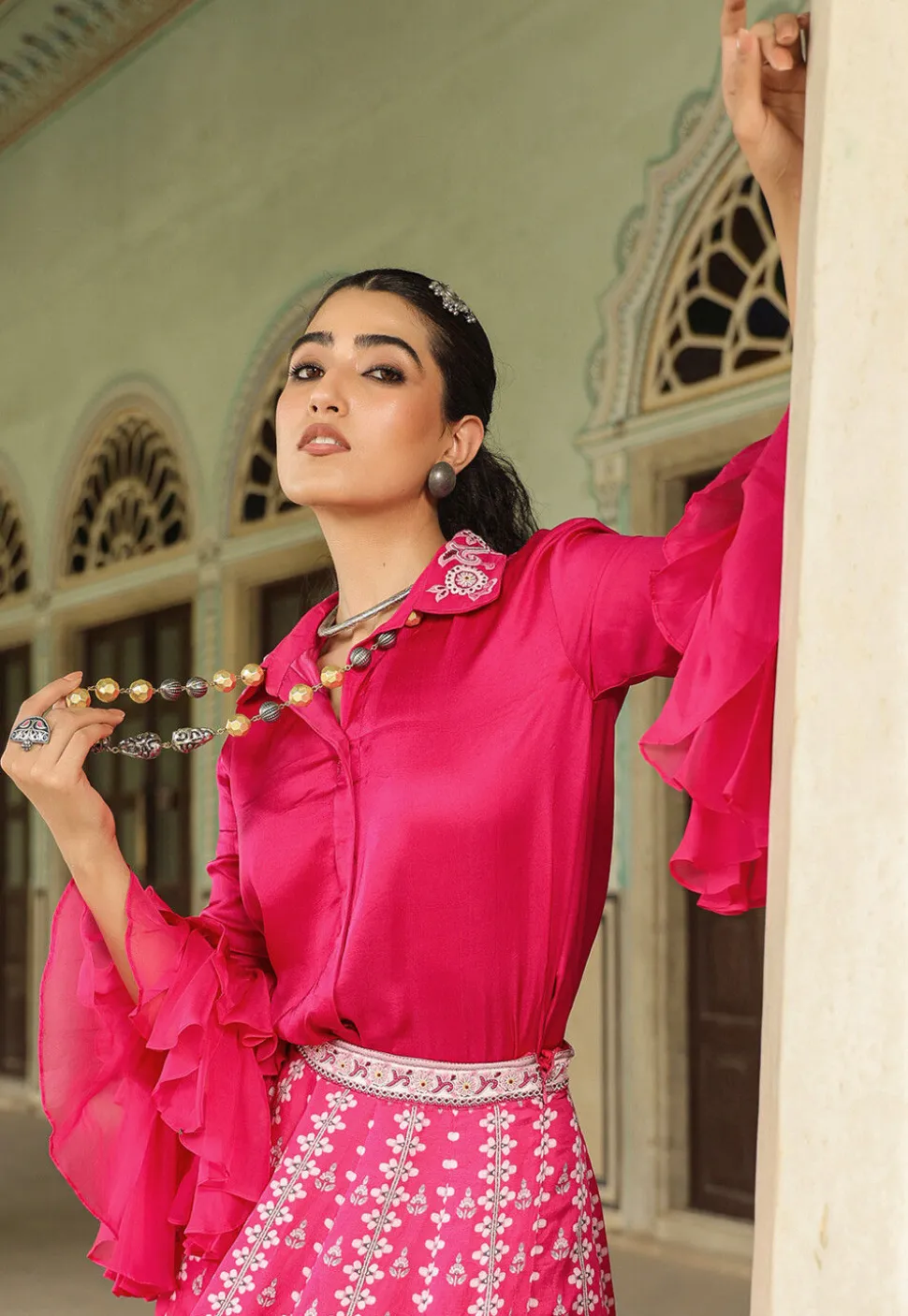 Digital Printed Modal Satin Crop Top Set in Fuchsia