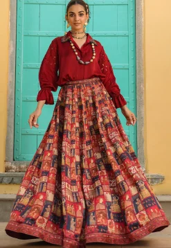 Digital Printed Modal Satin Top Set in Maroon