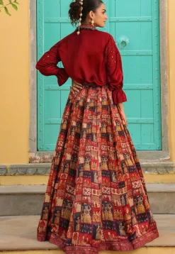 Digital Printed Modal Satin Top Set in Maroon