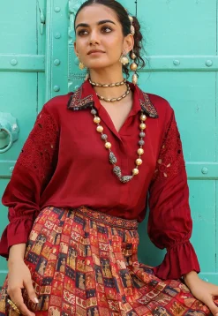 Digital Printed Modal Satin Top Set in Maroon