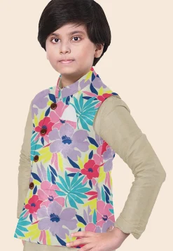 Digital Printed Modal Satin Nehru Jacket in Multicolor
