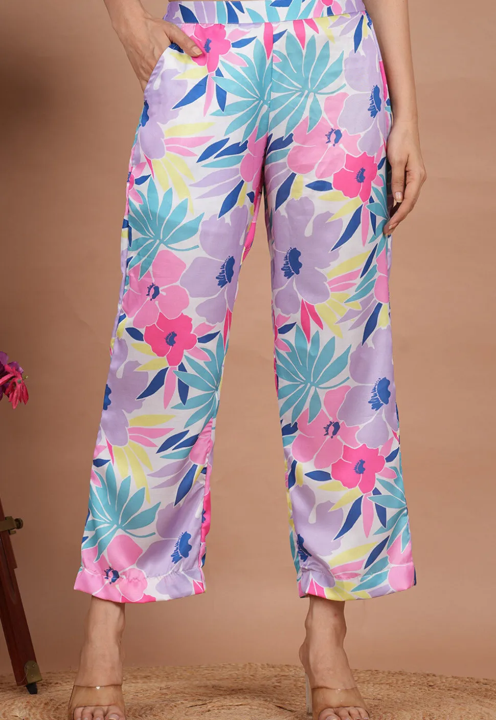 Digital Printed Modal Satin Palazzo in Multicolor