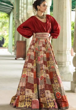 Digital Printed Modal Satin Crop Top Set in Maroon