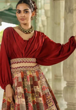 Digital Printed Modal Satin Crop Top Set in Maroon