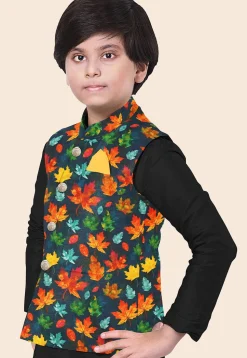 Digital Printed Modal Satin Nehru Jacket in Navy Blue