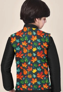 Digital Printed Modal Satin Nehru Jacket in Navy Blue
