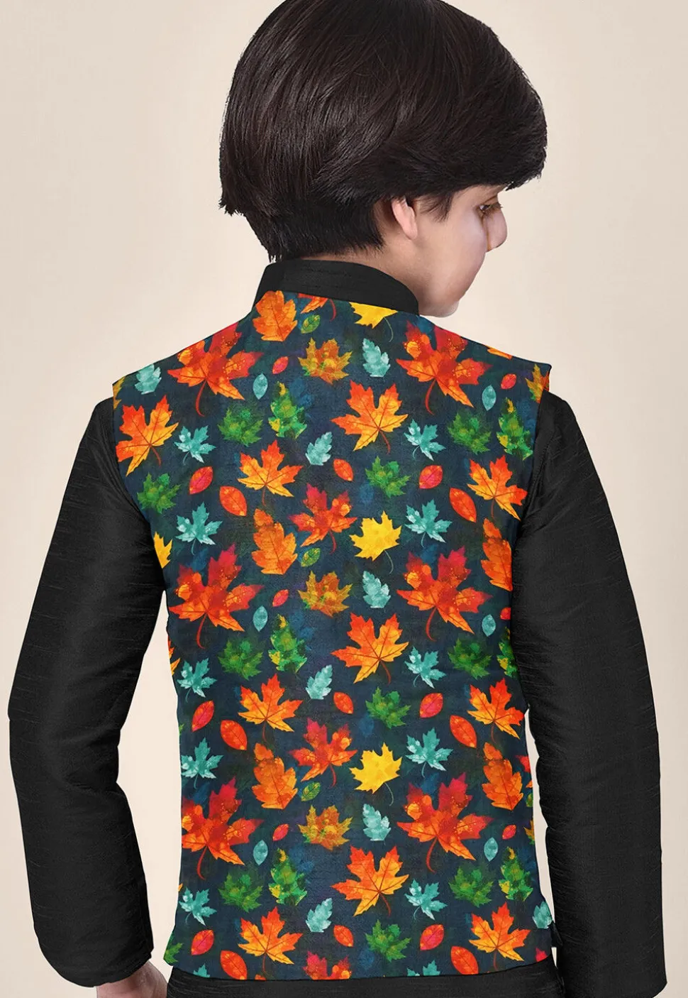 Digital Printed Modal Satin Nehru Jacket in Navy Blue
