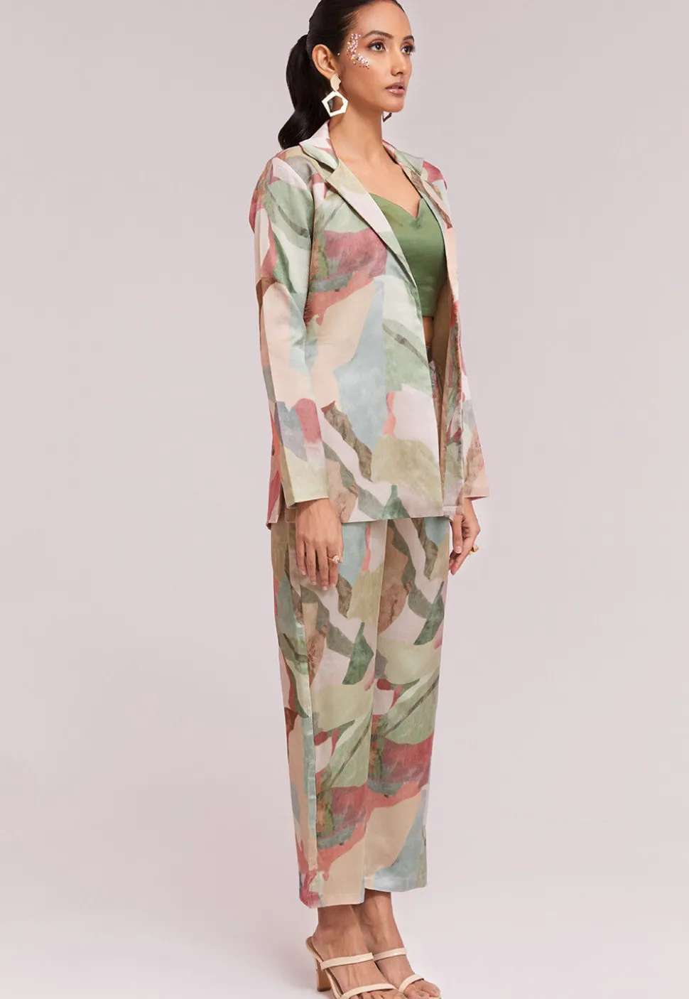 Digital Printed Modal Silk Co Ord Set in Light Green and Multicolor