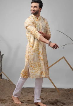 Digital Printed Modal Silk Kurta Set in Cream