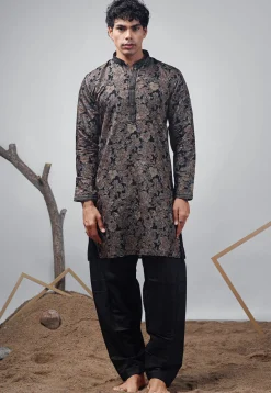 Digital Printed Modal Silk Kurta Set in Black