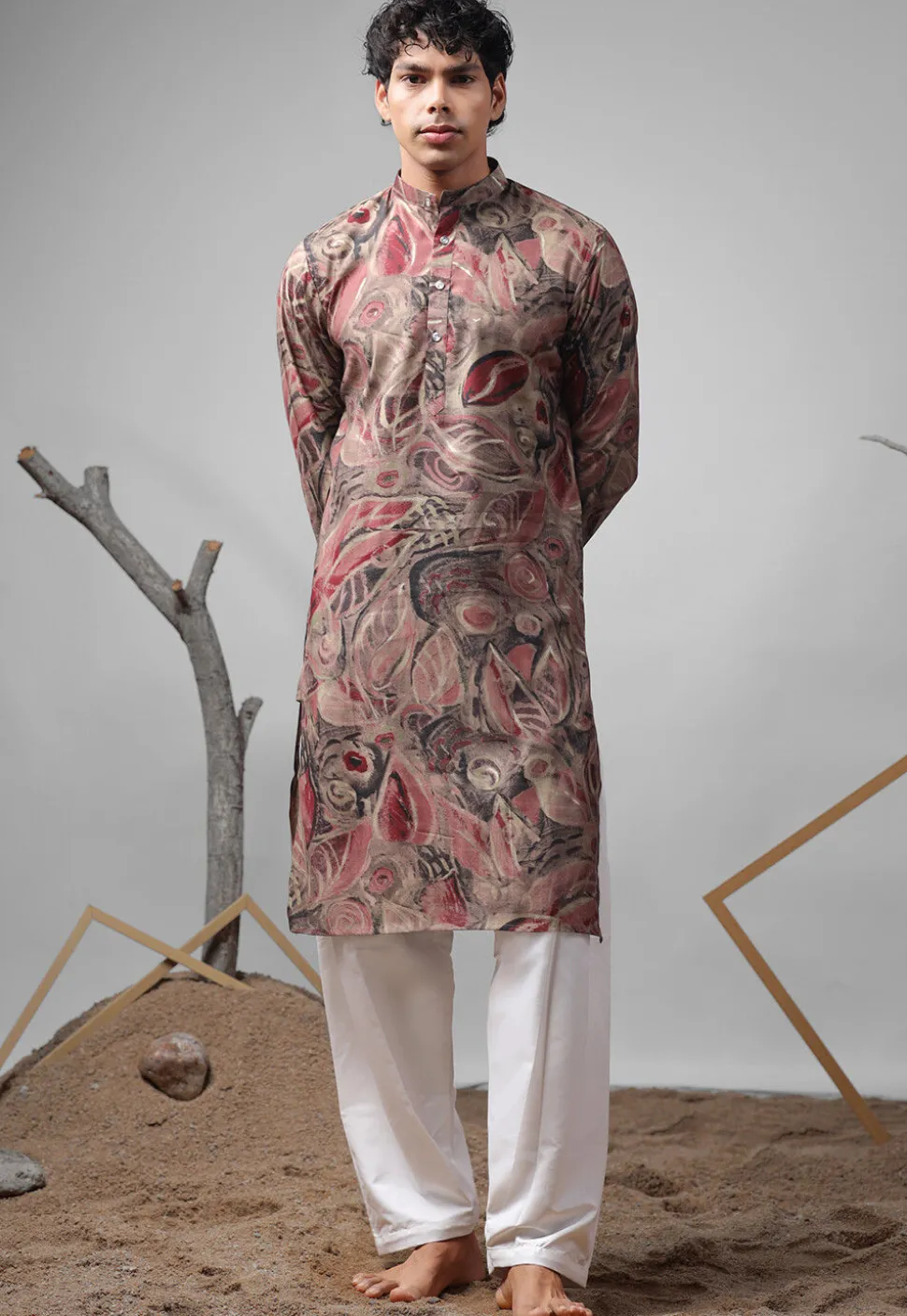 Digital Printed Modal Silk Kurta Set in Old Rose