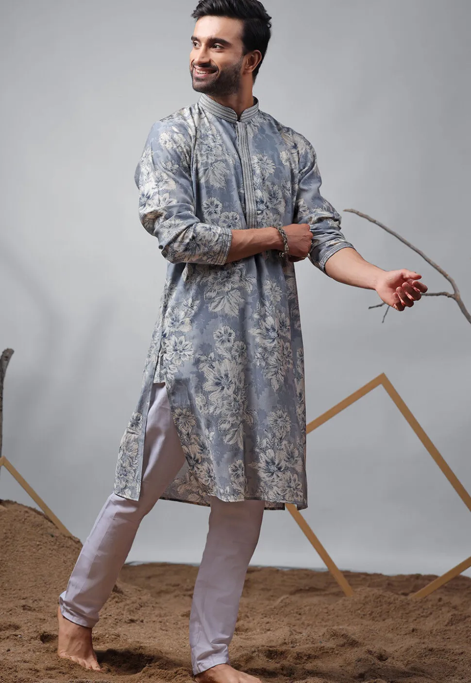 Digital Printed Modal Silk Kurta Set in Blue