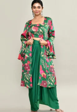 Digital Printed Modal Silk Crop Top Set in Green