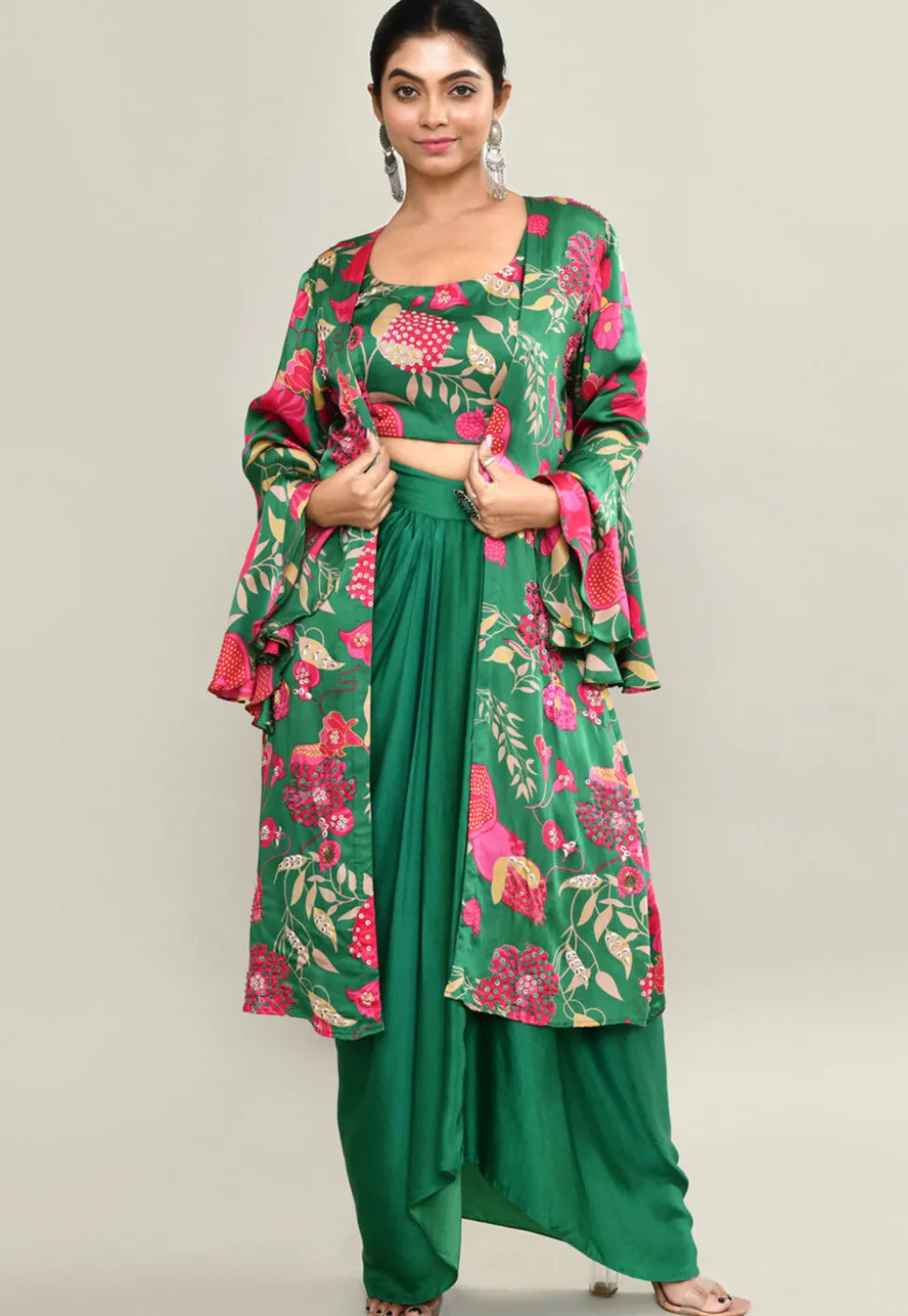 Digital Printed Modal Silk Crop Top Set in Green