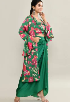Digital Printed Modal Silk Crop Top Set in Green