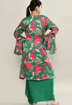 Digital Printed Modal Silk Crop Top Set in Green