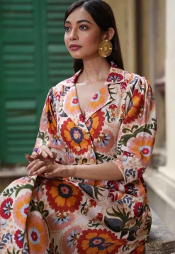 Digital Printed Mulmul Cotton Maxi Dress in Off White and Multicolor