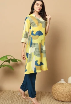 Digital Printed Muslin Cotton Aline Kurta Set in Yellow