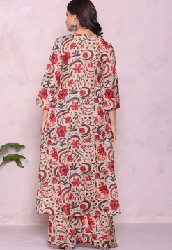 Digital Printed Muslin Cotton A Line Suit in Light Beige