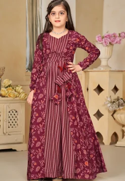 Digital Printed Muslin Cotton Gown with Jacket in Wine