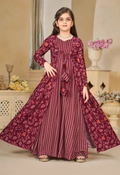 Digital Printed Muslin Cotton Gown with Jacket in Wine