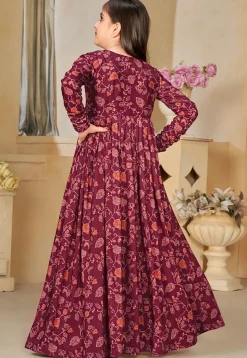 Digital Printed Muslin Cotton Gown with Jacket in Wine