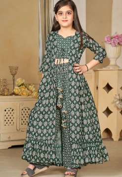 Digital Printed Muslin Cotton Crop Top Set in Dark Green