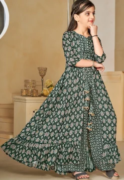 Digital Printed Muslin Cotton Crop Top Set in Dark Green