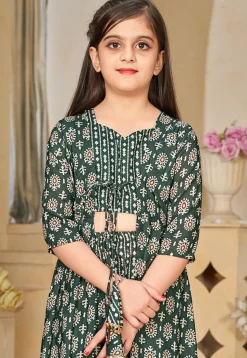 Digital Printed Muslin Cotton Crop Top Set in Dark Green
