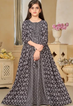 Digital Printed Muslin Cotton Gown with Jacket in Black