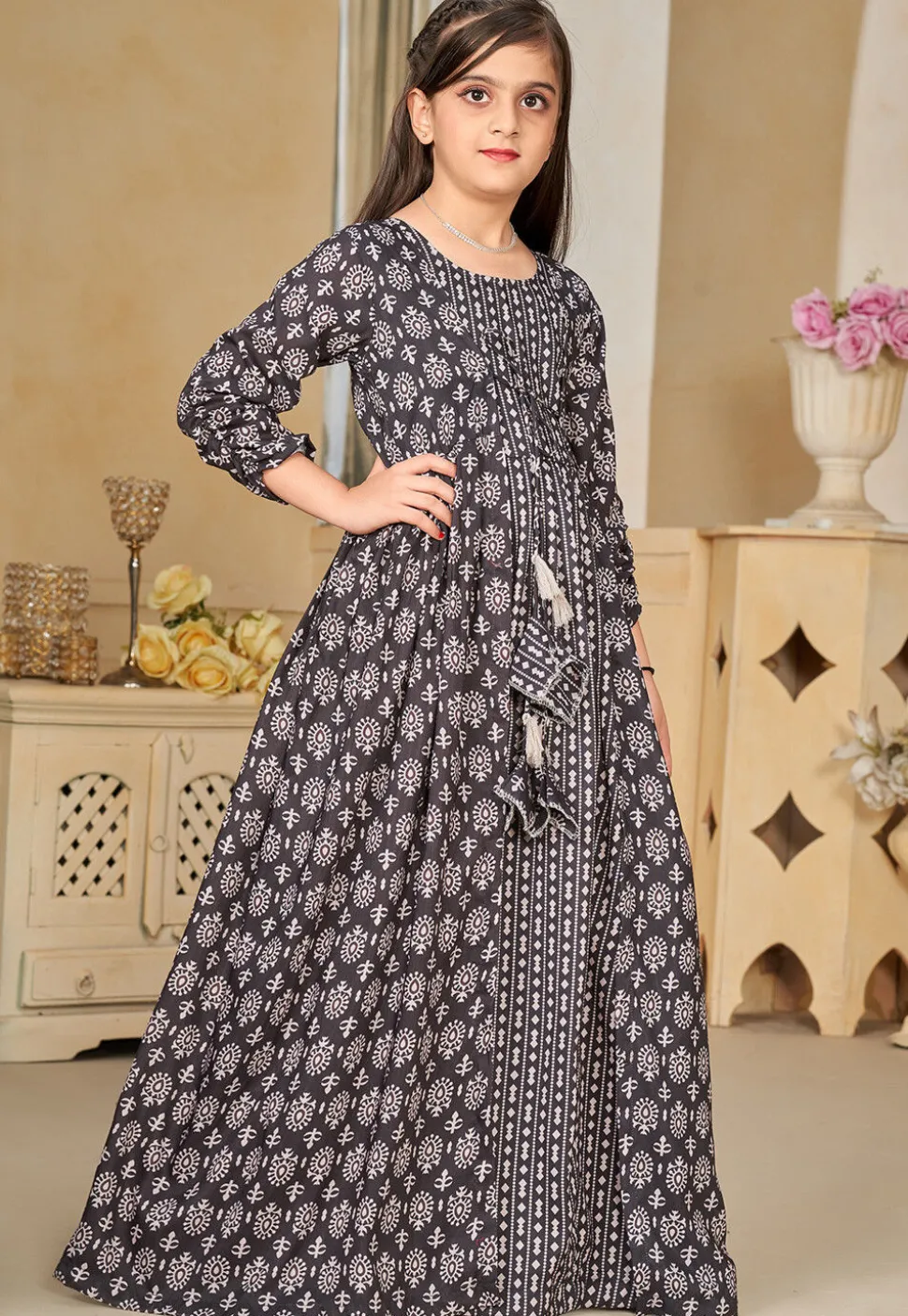 Digital Printed Muslin Cotton Gown with Jacket in Black