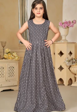 Digital Printed Muslin Cotton Gown with Jacket in Black