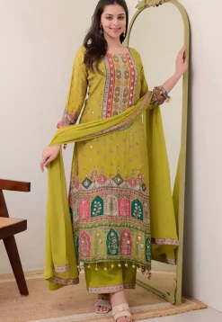 Digital Printed Muslin Cotton Pakistani Suit in Olive Green