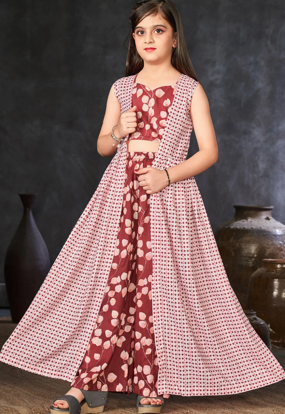 Digital Printed Muslin Cotton Crop Top Set in Maroon