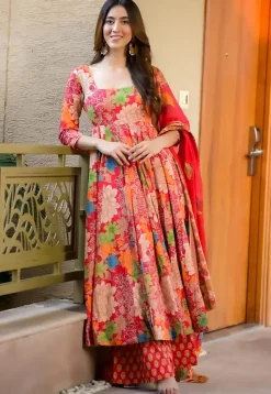 Digital Printed Muslin Cotton A Line suit in Red