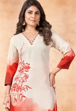 Digital Printed Muslin Cotton Straight Kurta Set in Off White