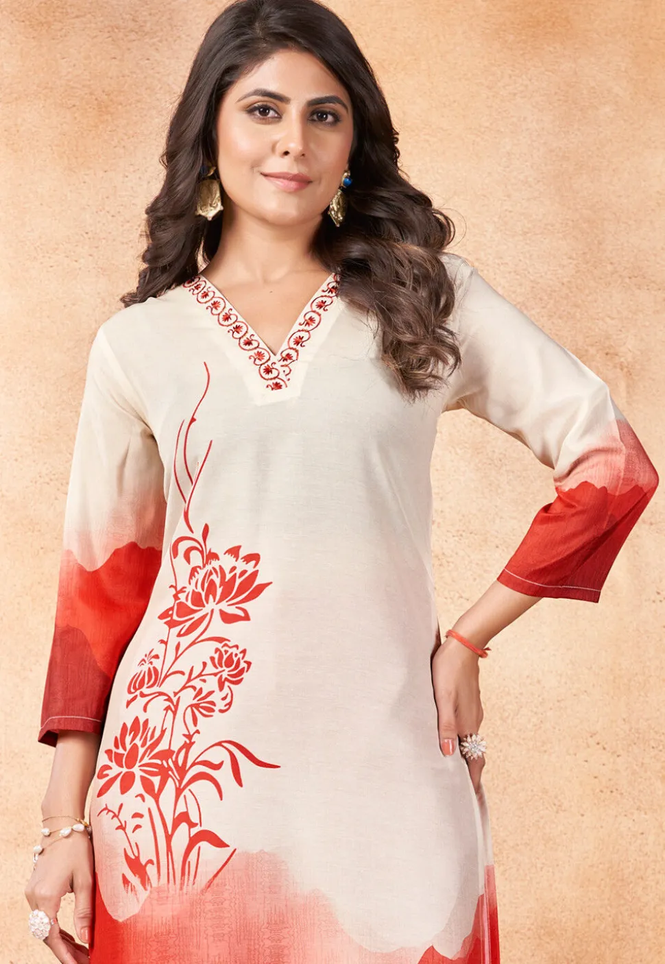 Digital Printed Muslin Cotton Straight Kurta Set in Off White