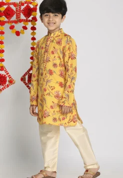 Digital Printed Muslin Cotton Kurta Set in Yellow